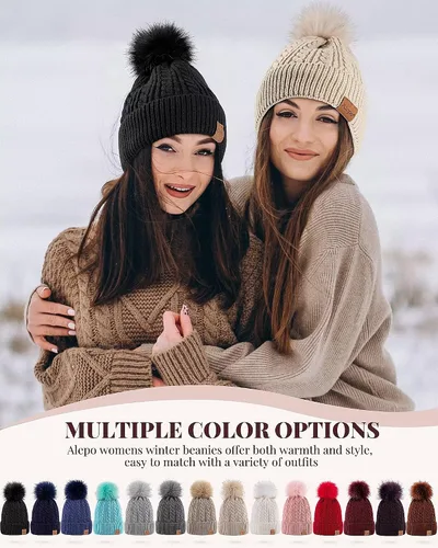 Vista 6 de Alepo Gorro de invierno para mujer, cálido forro polar, tejido suave, con pompón