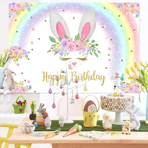 Vista 5 de MEHOFOND Telón de fondo de cumpleaños de conejo de Pascua, conejo arcoíris, floral, feliz cumpleaños, fotografía, fondo rosa, conejo, niña, fiesta