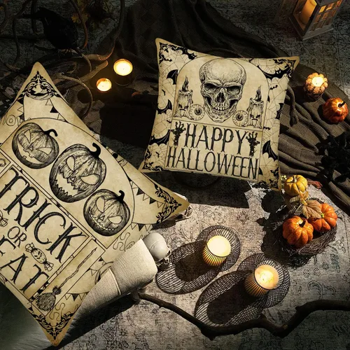 Vista 4 de Juego de 4 fundas de almohada de 16 x 16 pulgadas con texto en inglés «Happy Halloween» de Halloween con diseño de calabaza espeluznante y B Vintage