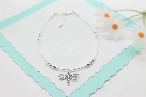 Vista 5 de Dragonfly Anklet Sterling Silver Beach Gift (Average 8 1/2" to 10")