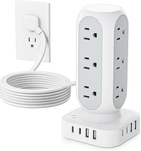 Vista 12 de Regleta de alimentación con protector de sobretensiones en torre, 12 salidas de CA y 8 puertos USB, cable de extensión de enchufe plano de 5 pies