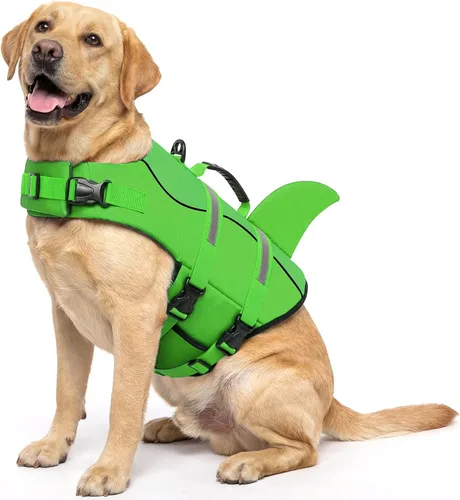 Vista 21 de Queenmore Chaleco Salvavidas para Perros Tiburón, Chaleco de Natación de Alta Flotabilidad, Chalecos Salvavidas para Perros Ajustables y Fáciles