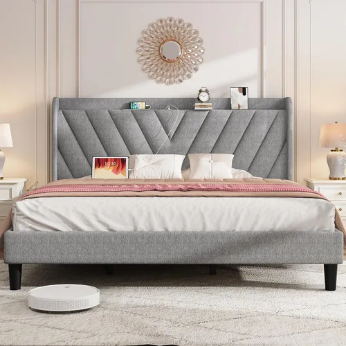Vista 20 de koorlian Marco de cama tamaño matrimonial, Marco de cama tamaño matrimonial con cabecero, Marco de cama tapizado ajustable con puerto tipo C y USB