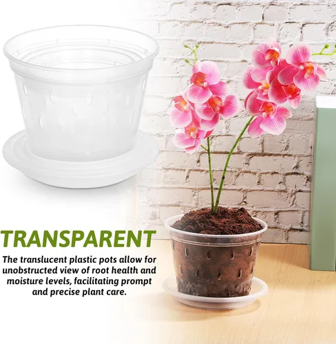 Vista 3 de 3pcs Plastic Orchid Pots and Saucer Set with Drainage Holes