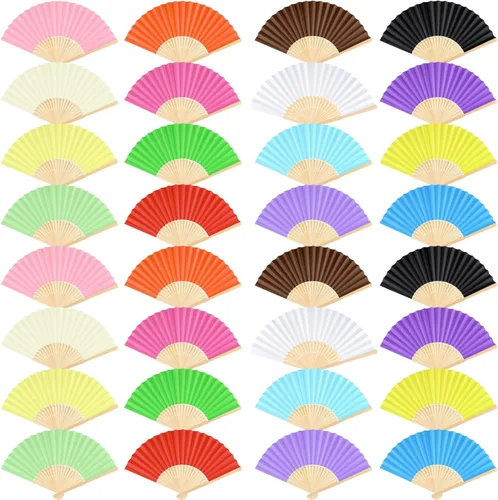Vista 14 de FEPITO 20 abanicos plegables de papel de mano con bambú para regalo de boda, fiesta, hogar, multicolor