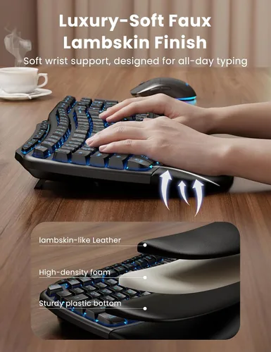 Vista 3 de Combo ergonómico de teclado y mouse inalámbricos, teclado retroiluminado recargable de 4000 mAh con un reposamanos suave de piel de cordero