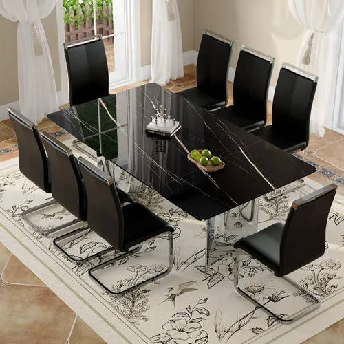 Vista 17 de Juego de mesa de comedor moderno para mesa de comedor de cristal de 6, 7 piezas, mesa de mármol sintético de 71 pulgadas con base de acero