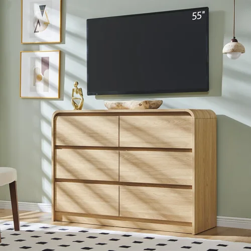 Vista 7 de Aitjunz - Cómoda moderna de 5 cajones para dormitorio, 45 pulgadas de alto, diseño de perfil curvo, cómoda vertical de madera estilo Mid-Century