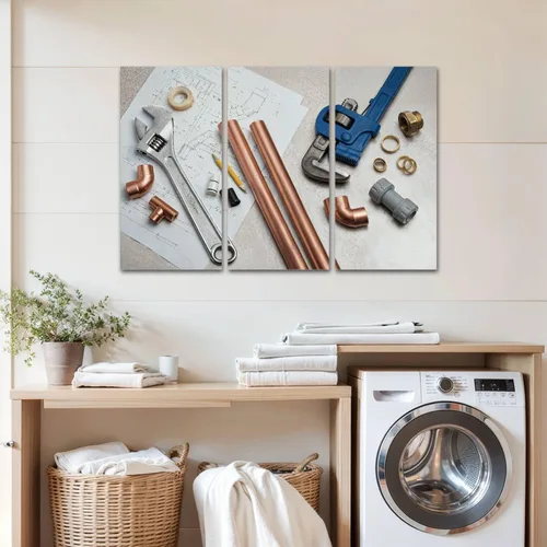 Vista 4 de Selección de herramientas de fontanería y materiales de fontanería, impresión en lienzo, obra de arte de pared, fotografía moderna, decoración
