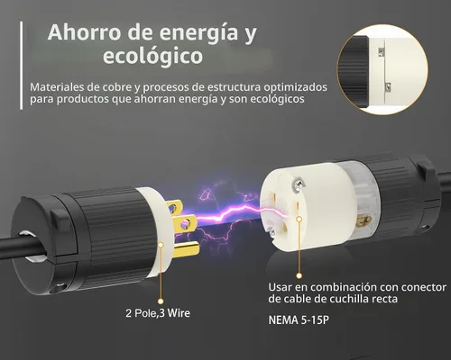 Vista 3 de Cable de extensión NEMA 5-15P con certificación UL para reparación de extremos de repuesto macho de 15 amperios, 110, 120, 125 voltios, 3 puntas, 2