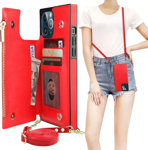Vista 12 de Bocasal Funda tipo cartera cruzada para iPhone 12 Mini con tarjetero, protector de ranura para tarjetas con cremallera, a prueba de golpes, con Negro