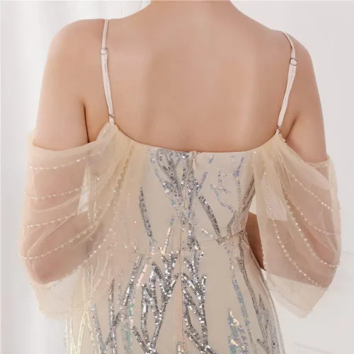 Vista 6 de Vestido de noche de sirena con lentejuelas y hombros descubiertos para mujer Albaricoque plateado