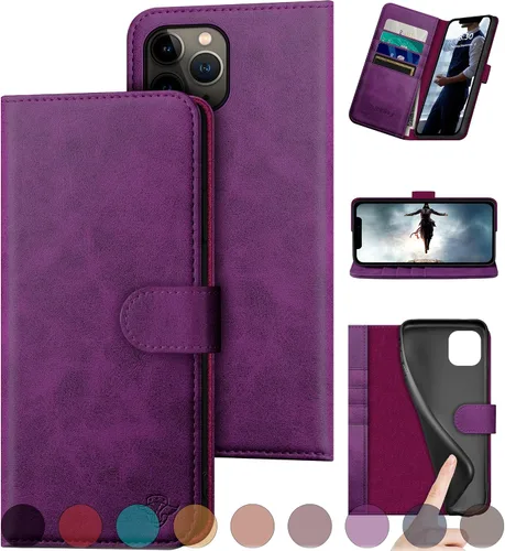 Vista 12 de DuckSky Funda tipo cartera de piel auténtica para iPhone 11 Pro con bloqueo RFID, 4 tarjeteros de crédito. Cuero auténtico. Funda protectora