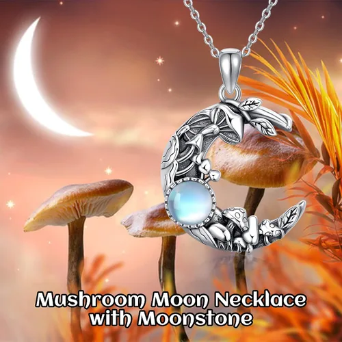Vista 7 de YAFEINI Joyería de hongos de plata de ley 925 con piedra lunar, aretes colgantes de hongos, regalos de hongos para mujeres y niñas, Piedra lunar