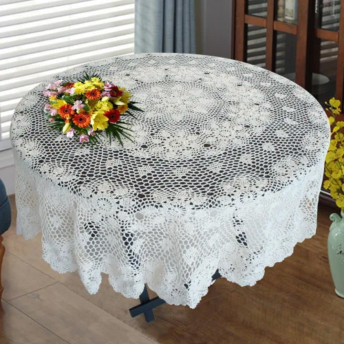 Vista 13 de USTIDE Mantel redondo de ganchillo de 70 pulgadas, superposiciones de mesa de encaje de algodón beige hecho a mano con diseño floral de ganchillo
