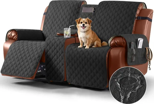 Vista 23 de Ruaozz Funda impermeable para sofá biplaza reclinable con consola, funda antideslizante para sofá reclinable dividido, con correas elásticas Beige