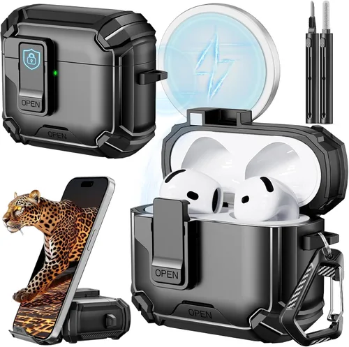 Vista 38 de Inesore Funda para AirPods Pro 1ª/2ª con bloqueo seguro (verde oscuro) Cubierta magnética de bloqueo automático con soporte para teléfono y kit