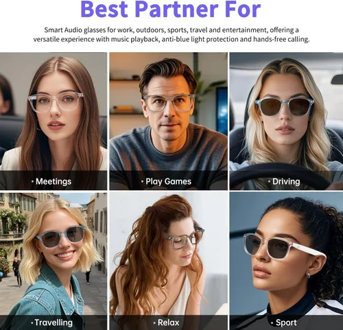 Vista 6 de Lentes inteligentes para mujeres y hombres, gafas Bluetooth de oreja abierta con lentes fotocromáticas, control táctil, asistente de voz y audio