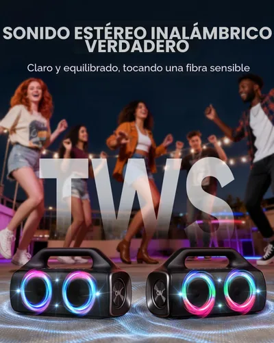 Vista 4 de Altavoz Bluetooth impermeable IP67: 80 W (pico), altavoces inalámbricos portátiles para exteriores con luces LED, tiempo de reproducción de 20