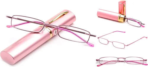 Vista 3 de Lentes de lectura de tubo de bolsillo, ultra delgados, compactos, unisex, ligeros, con clip de bolsillo portátil, estuche de aluminio, color rosa