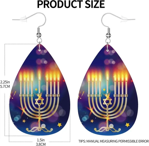 Vista 3 de Happy Hanukkah Jewish Janucah Holiday - Aretes de cuero con forma de lágrima de doble cara para mujeres y niñas, decoración colgante, regalo