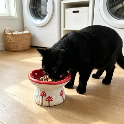 Vista 6 de Cuenco elevado del gato del alimentador lento, hongo lindo de cerámica