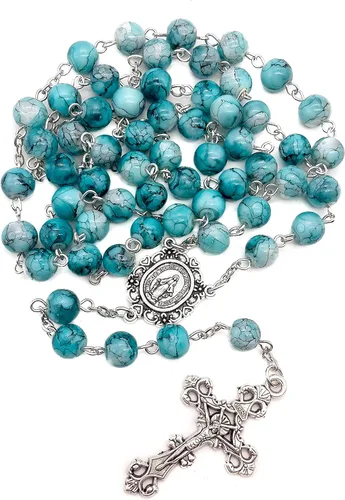 Vista 3 de Nazareth Store Rosario de cristal cristalizado turquesa con cuentas de rosario católico con medalla milagrosa y cruz de acero inoxidable Vidrio No