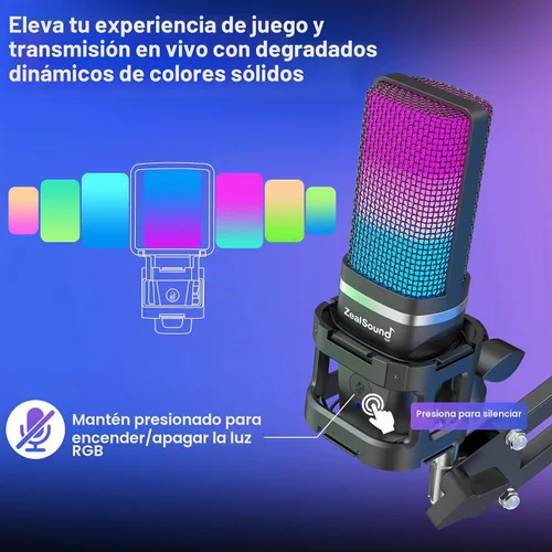 Vista 6 de ZealSound Micrófono USB para Juegos, Micrófono Condensador con Cancelación de Ruido, Micrófono RGB con Silencio, Ganancia, Monitoreo, Brazo