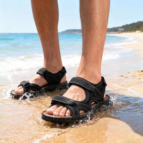 Vista 3 de Jousen Men's Leather Hiking Sandals with Arch Support Sandalia Playa Casual 662-negro