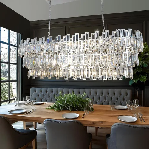 Vista 7 de Candelabros modernos para comedor, lámpara de araña rectangular cromada, lámpara colgante de cristal, colgante rectangular lineal cromado