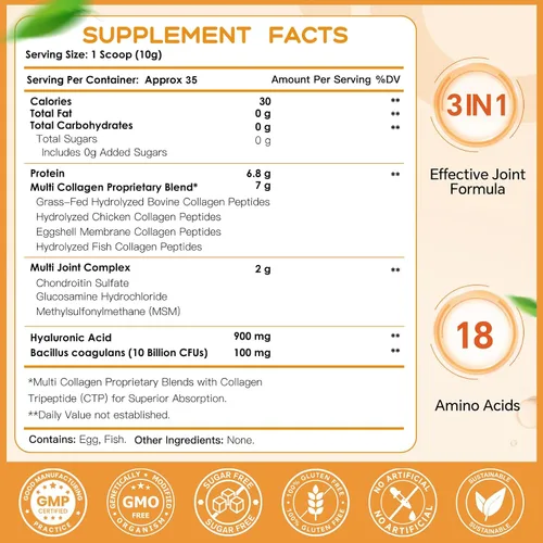Vista 2 de NATURE TARGET Multi-Péptidos de Colágeno en Polvo para el Apoyo de las Articulaciones, Colágeno Hidrolizado para Mujeres y Hombres con MSM + GC