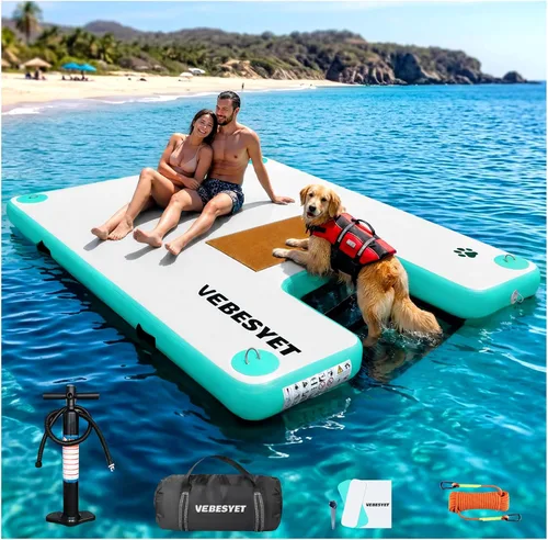 Vista 10 de Muelle inflable con rampa de agua, muelle flotante inflable antideslizante de 6 pulgadas de grosor para perros y adultos, plataforma flotante