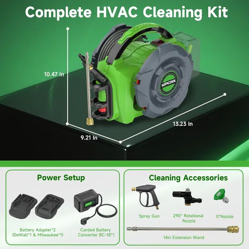 Vista 7 de WIPCOOL Máquina de limpieza de bobina HVAC portátil C10B-AC, presión de 80 W, doble potencia (18-21 V CC y 100-240 V AC), 1.1 GPM, 44-73/102-145