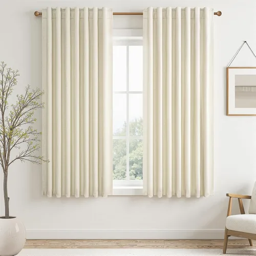 Vista 73 de Topfinel Cortinas opacas, blanco beige, 2 paneles, ventanas pequeñas, textura, mezcla de lino, bohemia, abedul, rural, gancho, bolsillo trasero