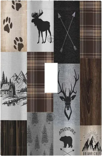 Vista 82 de Cubiertas de pared de lodge rústico retro con diseño de osos, ciervos y animales salvajes. Placas de pared dúplex simples para interruptor de luz.