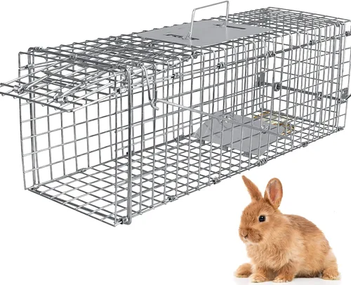 Vista 10 de Jaula de animales vivos, 29.13 x 9.44 x 1.18 pulgadas, resistente, plegable, de acero, con guantes para conejo, ardilla, zarigüeya, mofeta, mapache
