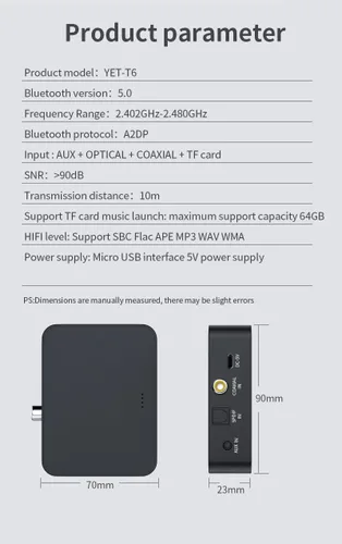 Vista 6 de Receptor óptico Bluetooth 5.0 transmisor para TV a auriculares con control de volumen, adaptador de audio inalámbrico de baja latencia compatible