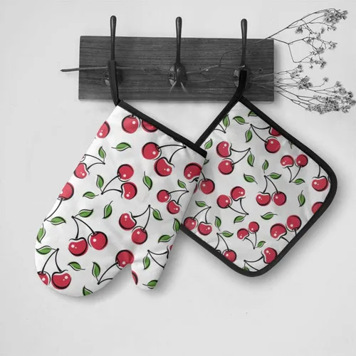 Vista 3 de Juego de 2 guantes de horno y soportes para ollas de cereza roja, resistentes al calor, con superficie antideslizante para una barbacoa segura
