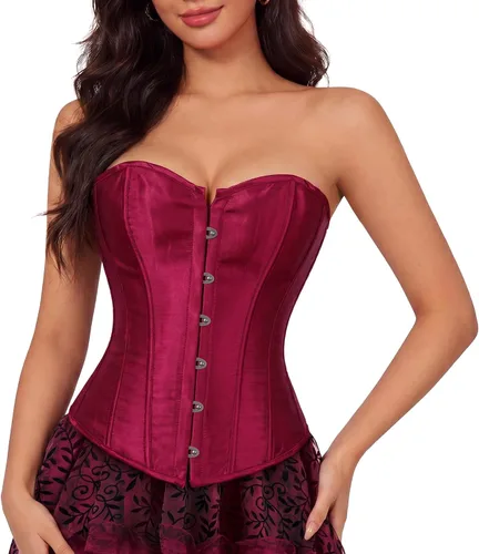Vista 17 de Zhitunemi - Conjunto de lencería sensual para mujer, corsé de satén negro moldeador de cintura Beige