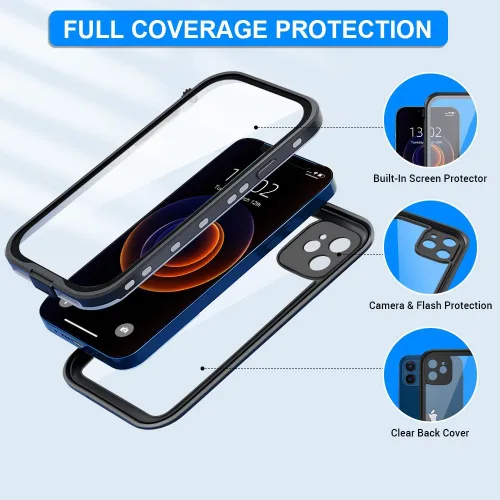 Vista 10 de Funda impermeable para iPhone 12 Mini, cobertura completa IP68, impermeable, a prueba de golpes y polvo con protector de pantalla integrado