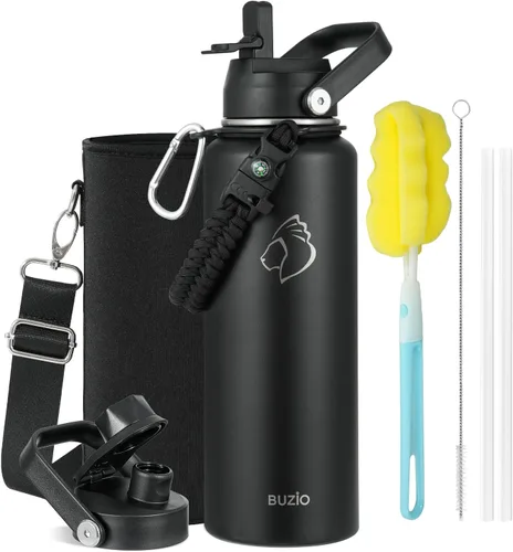 Vista 34 de BUZIO Botella de agua de 32 onzas aislada con popote y 3 tapas y bolsa de transporte, a prueba de fugas, frasco jarra de agua de acero inoxidable