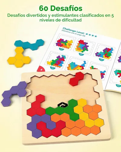 Vista 4 de Coogam - Rompecabezas de madera Tangram, rompecabezas de forma y color 3D, juego de lógica y coeficiente intelectual geométrico, bloques Montessori