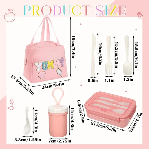 Vista 2 de Dandat Bolsa de almuerzo preppy para mujeres y niñas, bolsa de almuerzo rosa con compartimentos y taza de sopa para niñas, adultos, adolescentes
