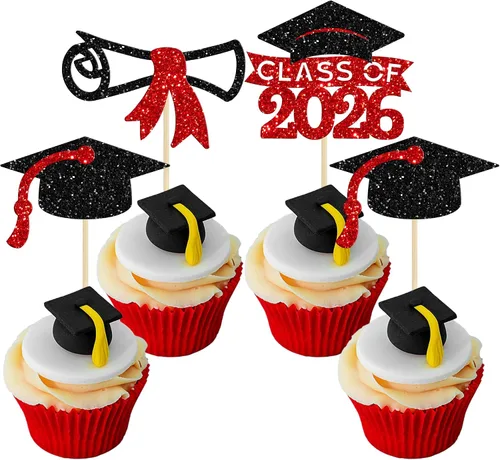 Vista 11 de Gyufise 24 piezas Adornos para pastel de graduación 2026 con purpurina negra, clase de 2026, adornos para magdalenas con gorra de graduación