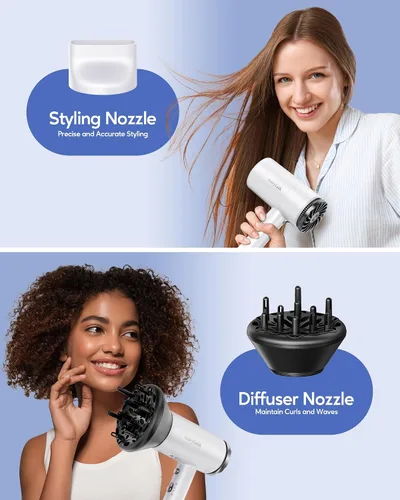 Vista 6 de Wavytalk Secador de pelo con difusor 1875W Secador iónico para secado rápido con concentrador Blanco ligero.