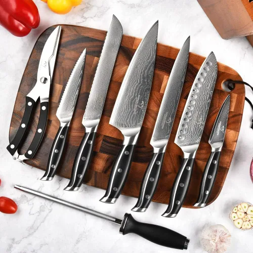 Vista 7 de Juego de cuchillos de cocina Damasco con bloque – Acero VG10 de 67 capas ultra afilado, mangos con triple remache, cuchillos de chef, Santoku Negro