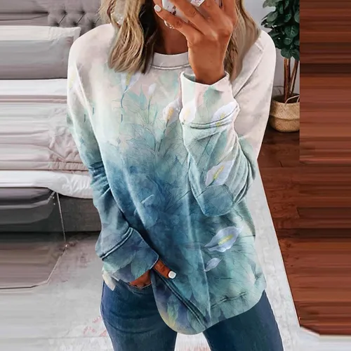 Vista 3 de Camisas de manga larga de otoño para mujer, blusa de cuello redondo, camisa de moda estampada, suéter casual, sudaderas sueltas