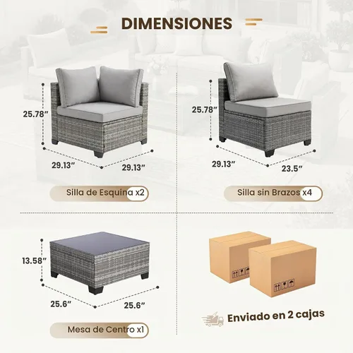 Vista 6 de FHFO 7 Piece Patio Furniture Set, Outdoor Wicker Sectional Sofa Set 1/ Gris Gris Claro