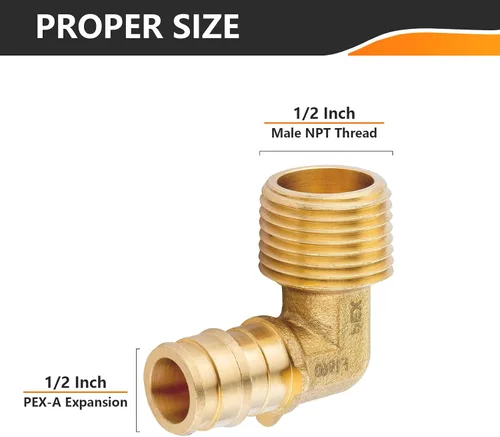 Vista 2 de 5 accesorios de expansión HeSun PEX A, codo NPT macho de 1/2" PEX-A x 1/2" Rosca macho PEX-A de latón Codo de 90 grados, ASTM F1960 (PEX1960097-5)