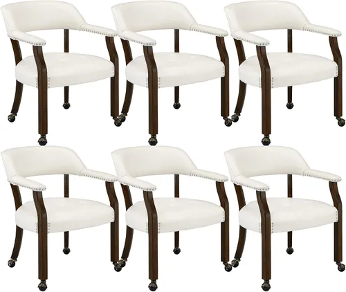 Vista 10 de LEEMTORIG Juego de 2 sillas de comedor con ruedas y brazo, sillas de comedor grandes con ruedas, silla de mesa de póquer de madera maciza, 26